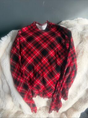 H&M Red and Black Plaid Crewneck Sweater with Distressed Hem